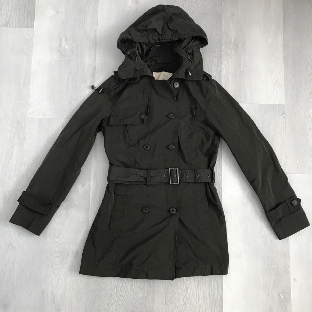 ZARA WOMENS TRENCH COAT BELTED DARK GREEN MILITARY BUTTON DOUBLE BREASTED S